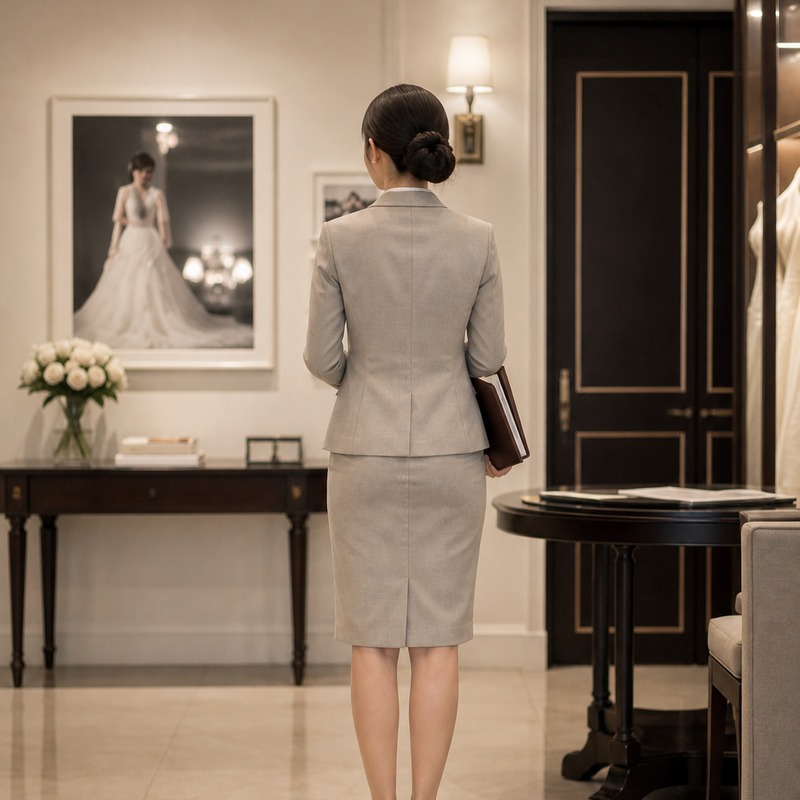 A woman in a tailored suit seen from behind in a bridal salon.