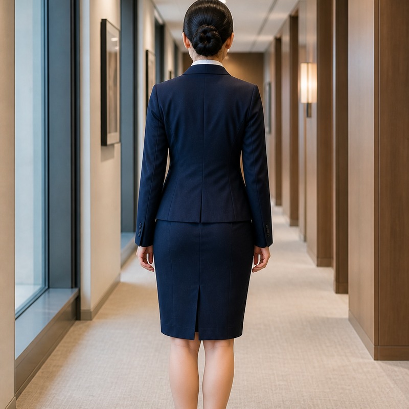 A woman in a tailored suit seen from behind on an executive floor.