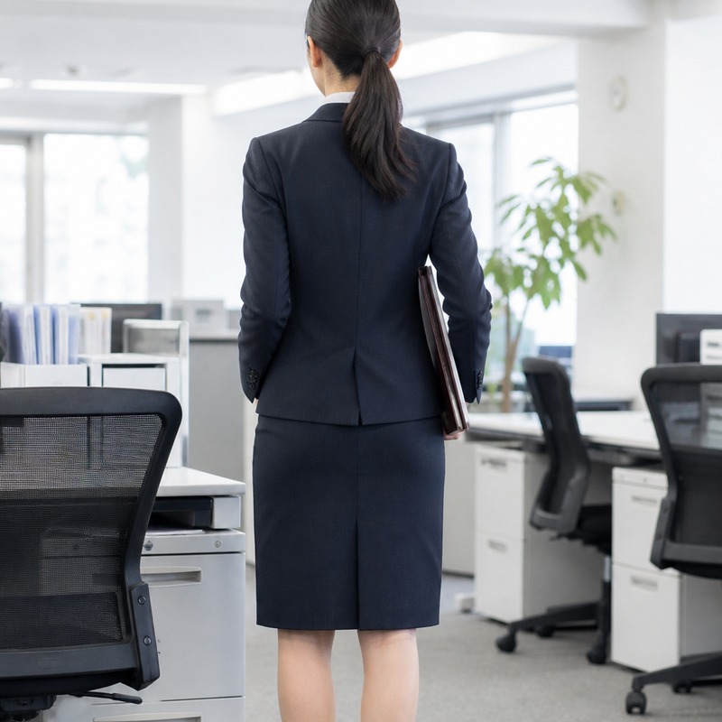 A woman in a tailored suit seen from behind in an open-plan office.