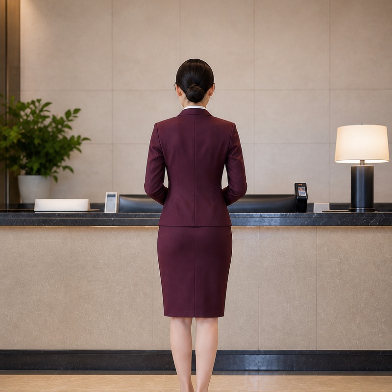A woman in a tailored suit seen from behind in a corporate lobby.