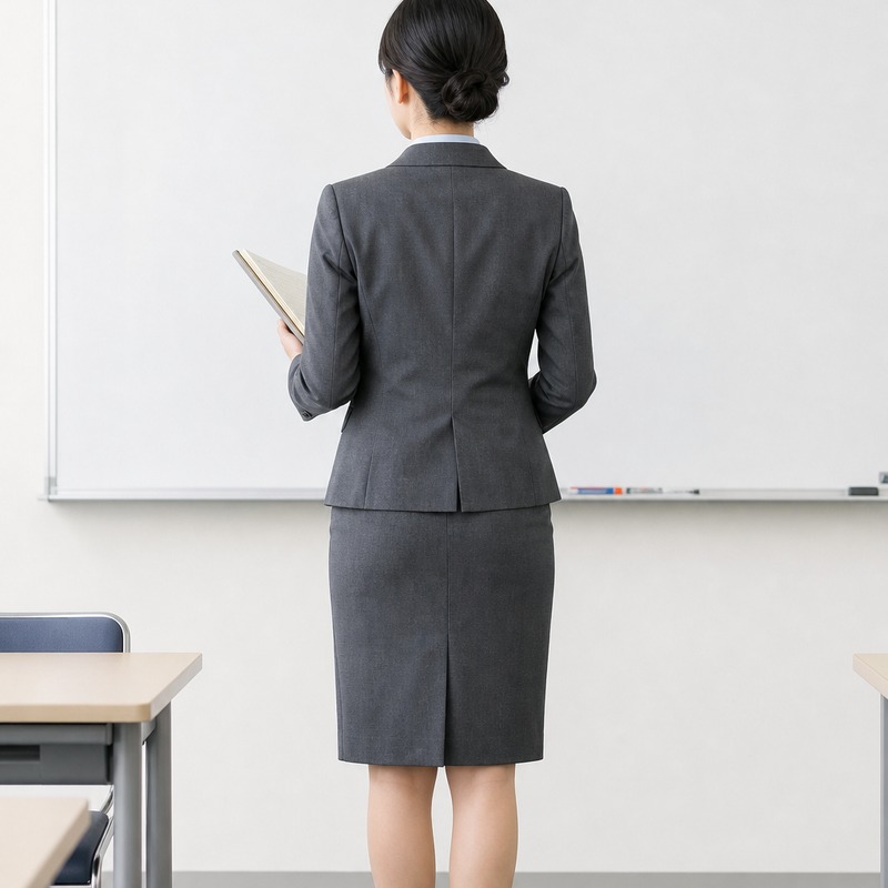 A woman in a tailored suit seen from behind in a classroom and staff room.